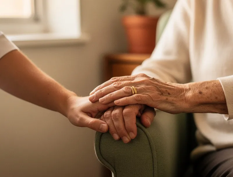 A younger caregiver-advocate's hand gently clasping the hand of an elderly parent