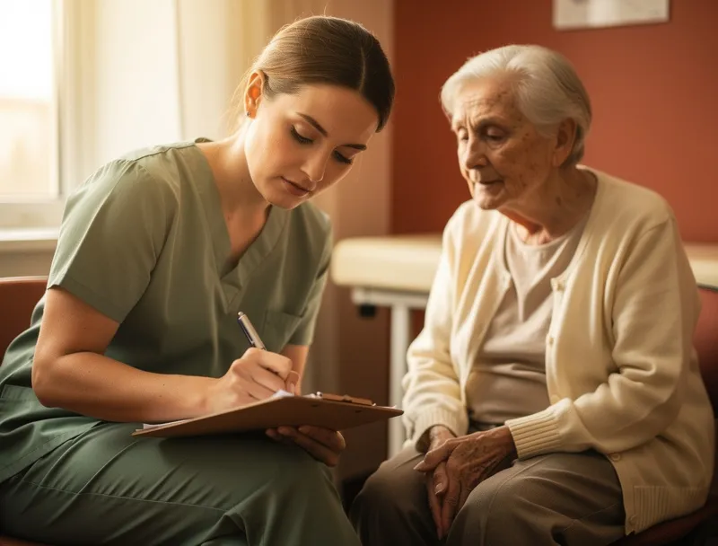 A nurse-advocate in sage scrubs writing structured notes on a clipboard beside an elderly patient during an appointment