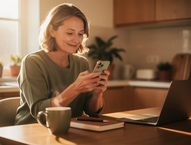 A middle-aged daughter at her kitchen table reading her parent's visit report on her phone with an expression of relief