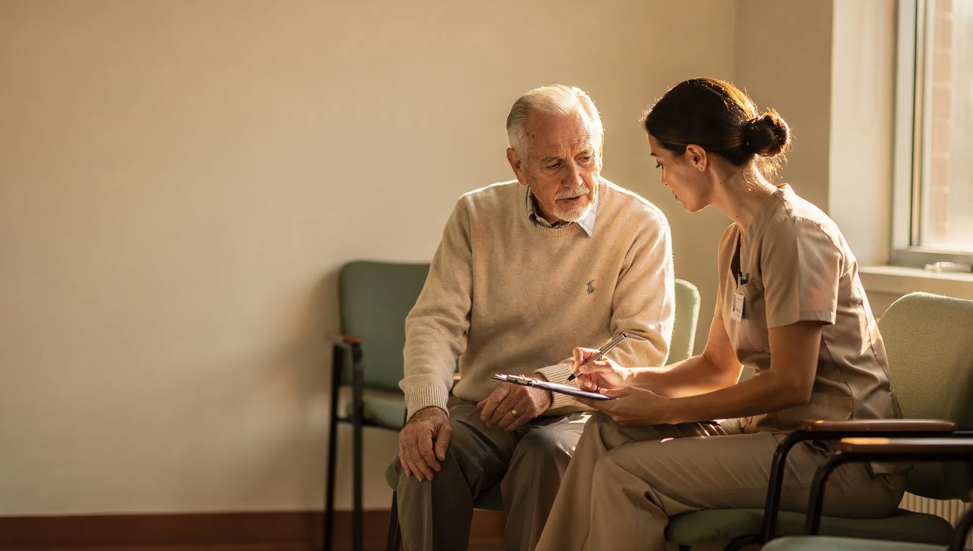 An older man seated beside a caring nurse-advocate who leans in taking notes on a clipboard in a sunlit clinic waiting area