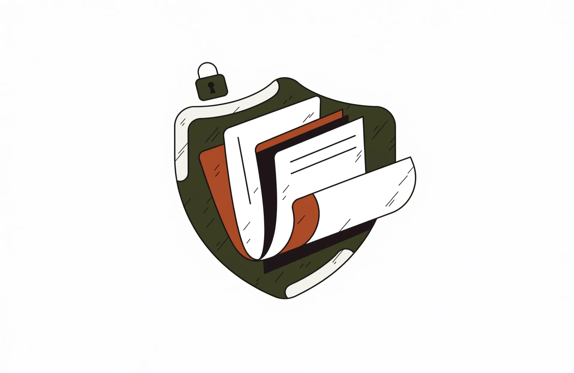 Illustration of private report pages protected inside a padlocked shield